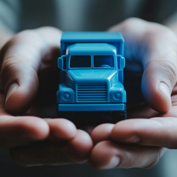 Businessman holding miniature blue toy truck in hands